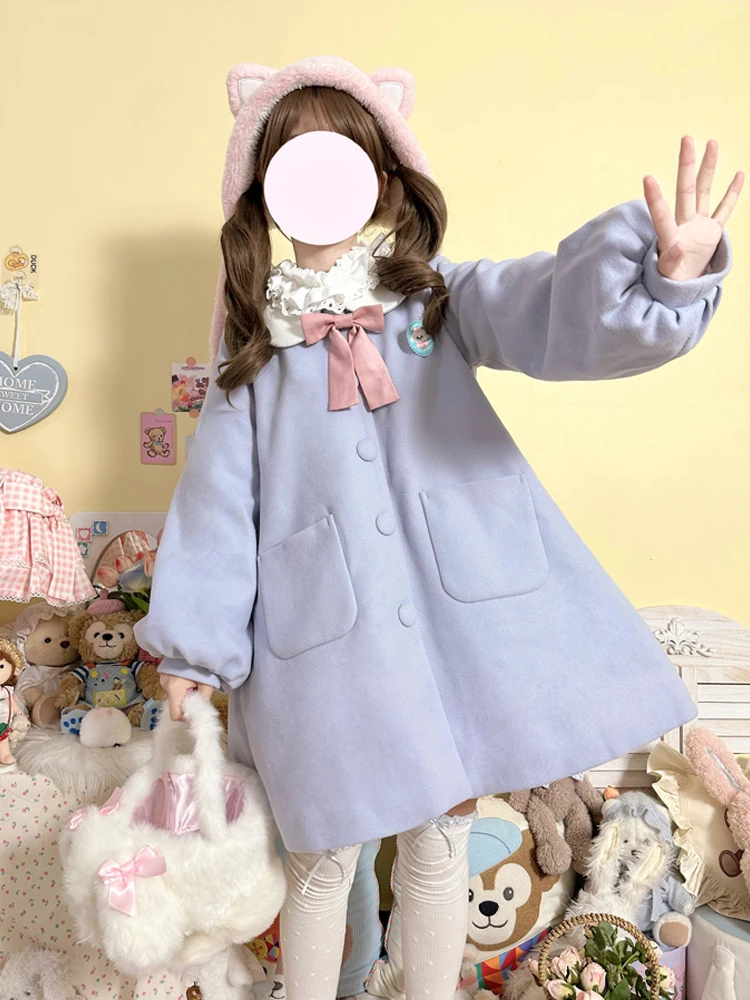 KIMOKOKM Japanese Preppy Winter Sweet Peter Pan Collar Coat Kawaii Bow Full Sleeve Single-Breasted Loli A-Line Woolen Outerweat