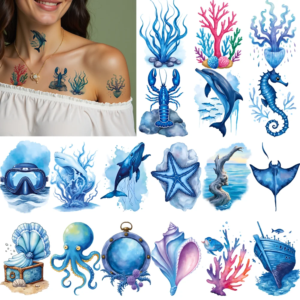 

63pcs Temporary Tattoo Ocean Tattoos Temporary Tattoo Stickers Marine Life Tattoos Waterproof Long-lasting Body Stickers For