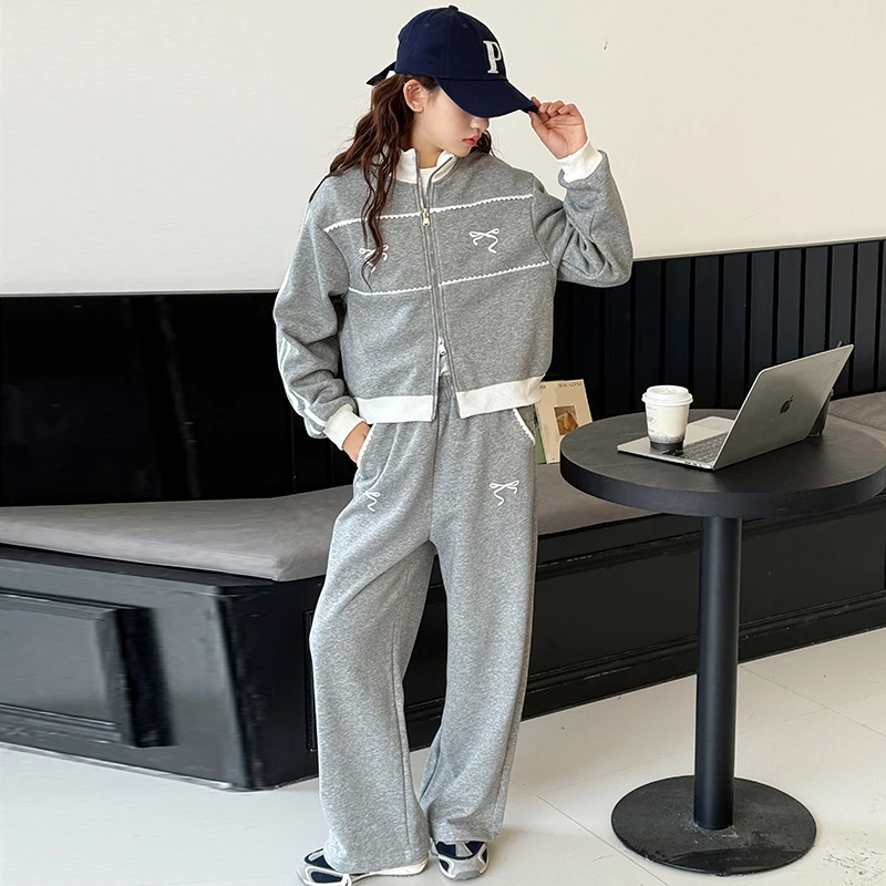 

Комплект зимней одежды для девочек, стильный модный детский свитшот с воротником-стойкой, комплект из двух предметов с узлом-бабочкой, утолщенная флисовая подкладка