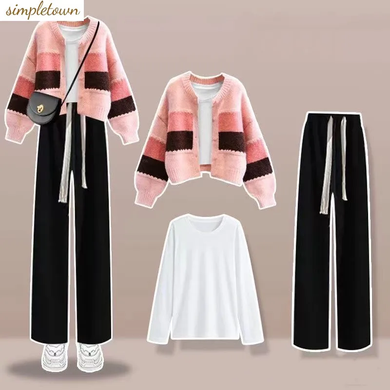 

Leisure professional suit women's suit 2024 new sweet style outfit with knitted sweater and wide leg pants three piece set