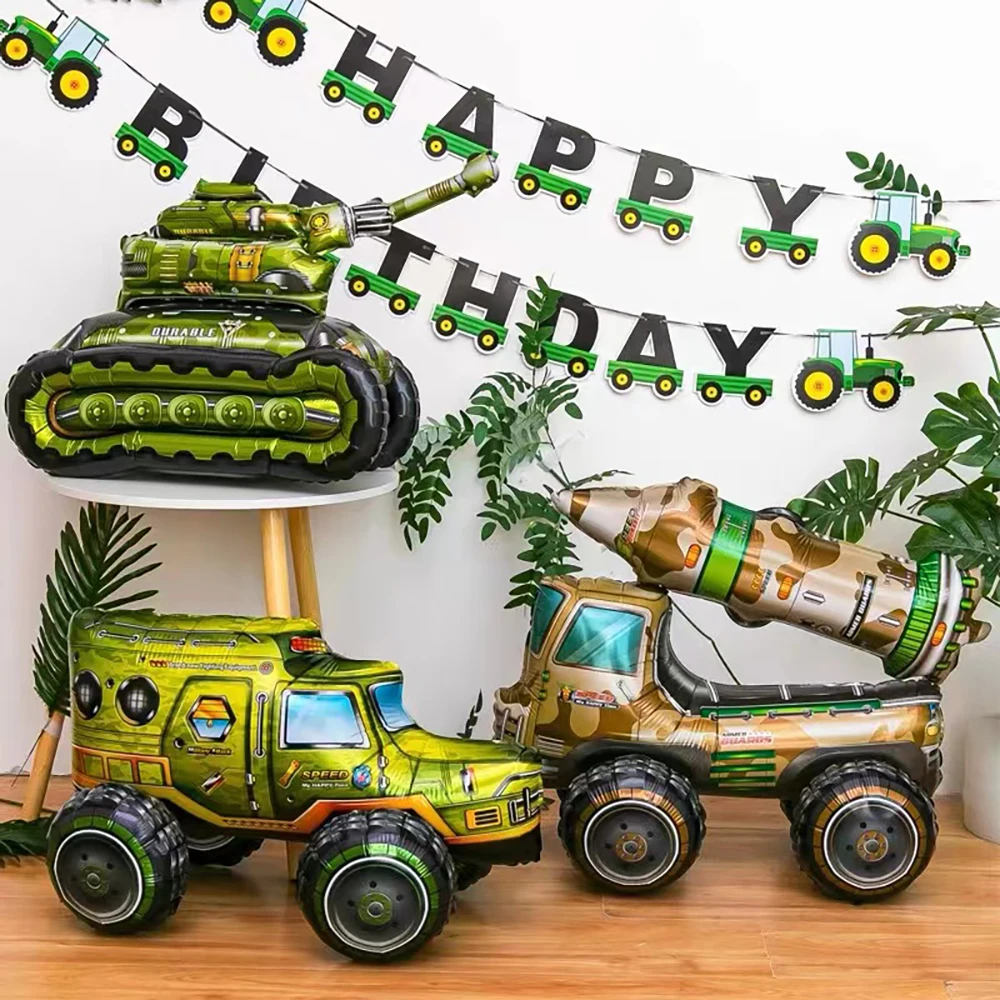 Army Camouflage Party Foil Tank Plane Balloon Camo Latex Balloon Banner Cake Toppers for Boys Military Birthday Decorations Toys