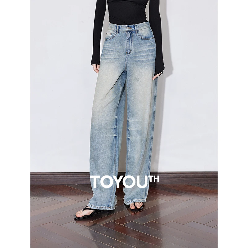 TOYOUTH Women Denim Jeans 2025 Spring New Mid Waist Wide Leg Straight Casual Long Pants