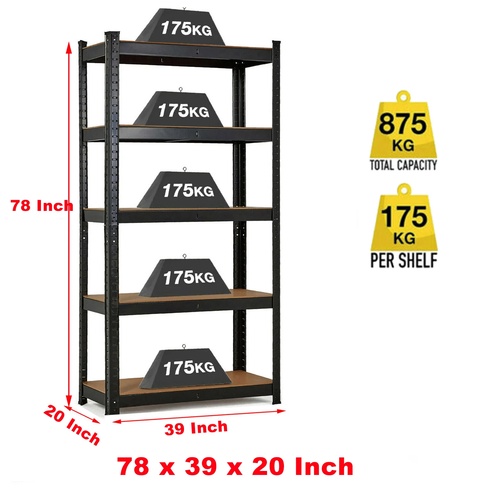 Storage Shelf Heavy Duty, 5 Tier Metal Shelving Unit Boltless, Easy to Assemble, 2000LB Total Capacity, 78 x 39 x 20 Inch