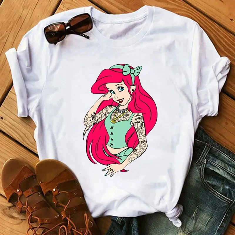 Kawaii Disney Punk Princess Pattern Women's Cotton Soft T-shirt Women's Black Top T-shirt Women's Fashion Street Wear Tops