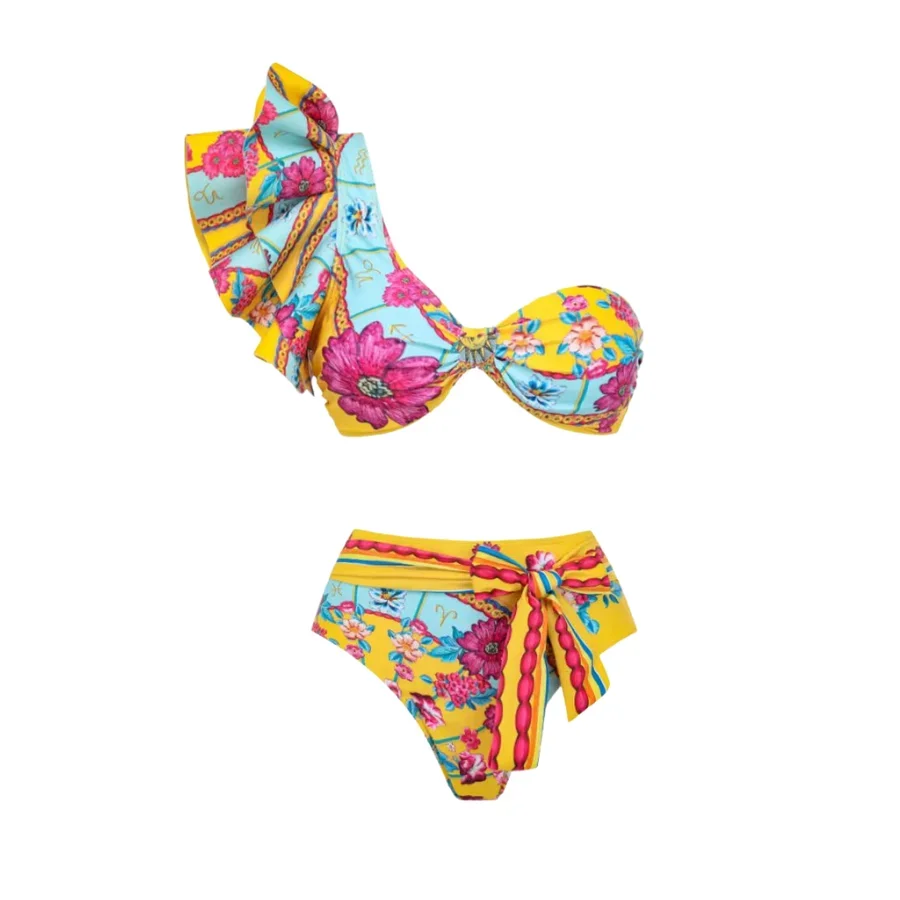 Constelação Flower Print Maiô Biquíni Babados para Mulheres, Férias Beachwear, Fato De Banho De Luxo