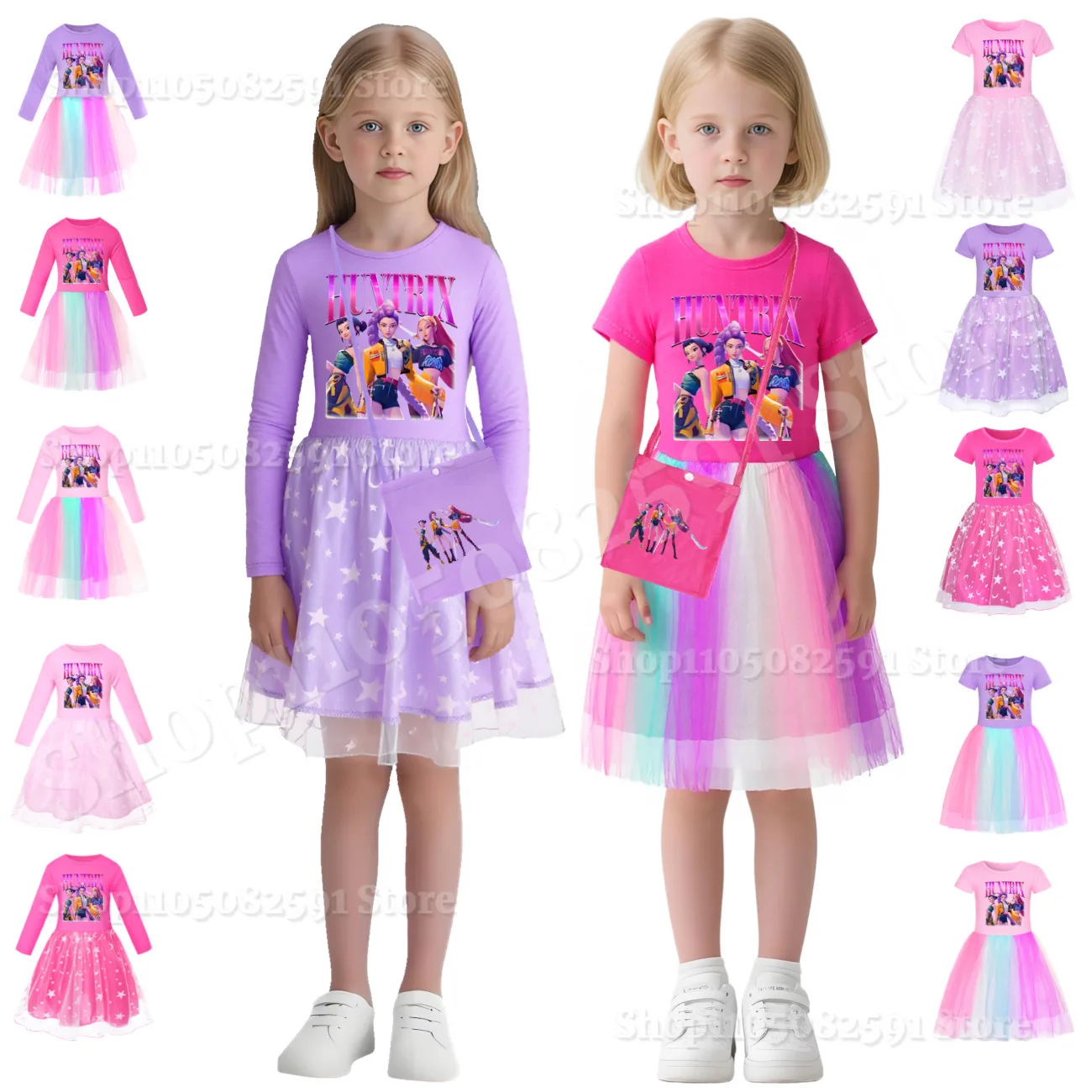 

K-Pop Huntrix Kids Demon Hunters Clothes Long Slevess Dresses Rainbow Full Dress Teen Cartoon Girls Clothing Party Clothes Gift