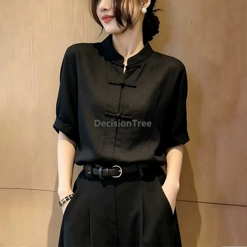 新しい中国風の純綿女性用デイリー半袖シャツ夏ルーズフィット伝統的なスタイルのバックルブラックスタンドカラートップ