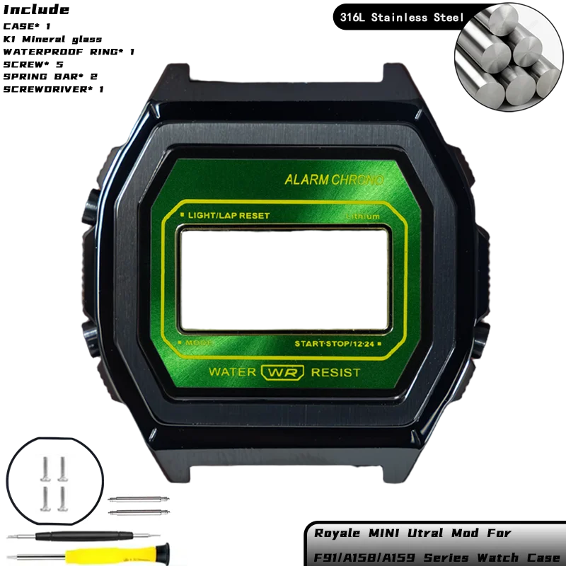 Royale Ultra Mod für CASIO F-91/A158/A159 Uhrengehäuse 316L Edelstahl K1 Mineral Poliert Gebürstetes Mattes Gehäuse Sunray Zifferblatt-Set – Detail 24