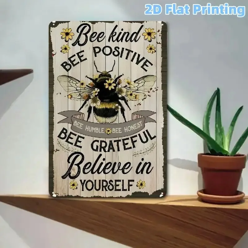 2D Flat 1PC Retro Bee Metal Sign Kind Grateful Positive Honeycomb Wall Art Garden Office Decor Gift