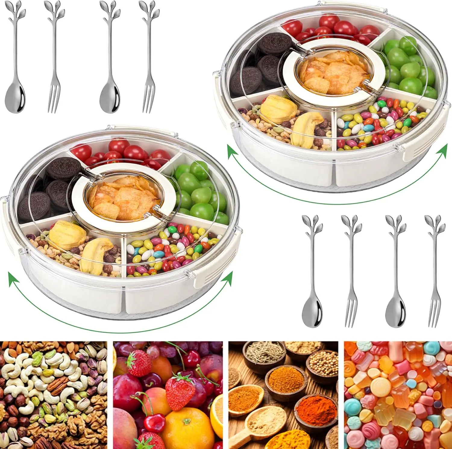 Divided Serving Tray with Lid, Handle, Spoon, and Fork - 2pack Portable Round 8-Compartment Snackle Box for Fruit, Veggie