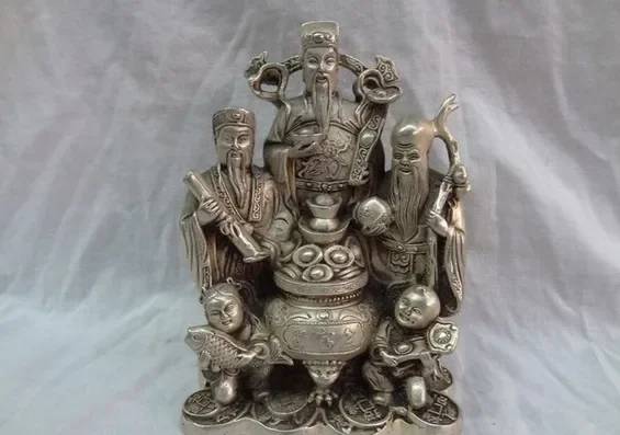 Chinese Silver Buddhism Wealth Fu Lu Shou Peach RuYi Child Mammon God Statue