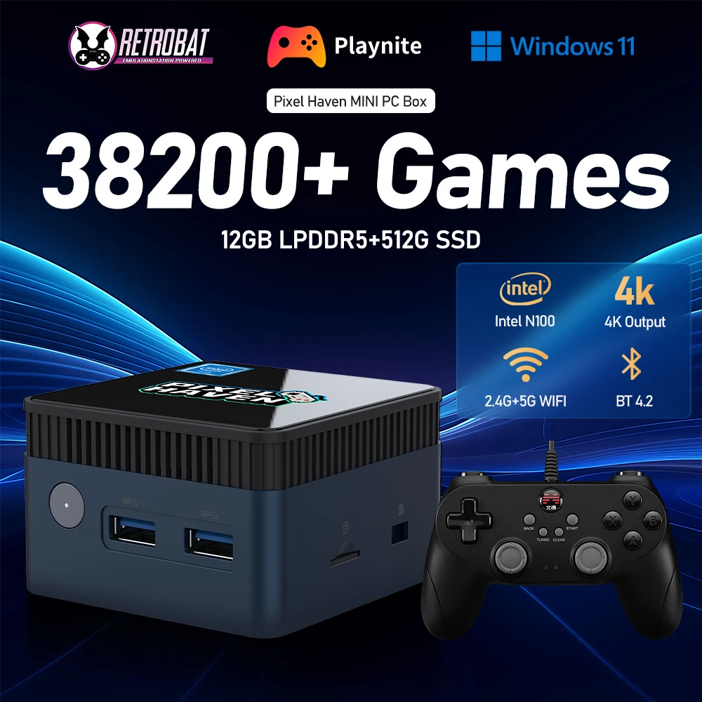 JMachen Intel N100 MINI PC Box 12G LPDDR5 +512G SSD WIN 11 Pro Video Game Console with 38252 Games for PS3/PS2/PS1/PSP/Wii/WIIU