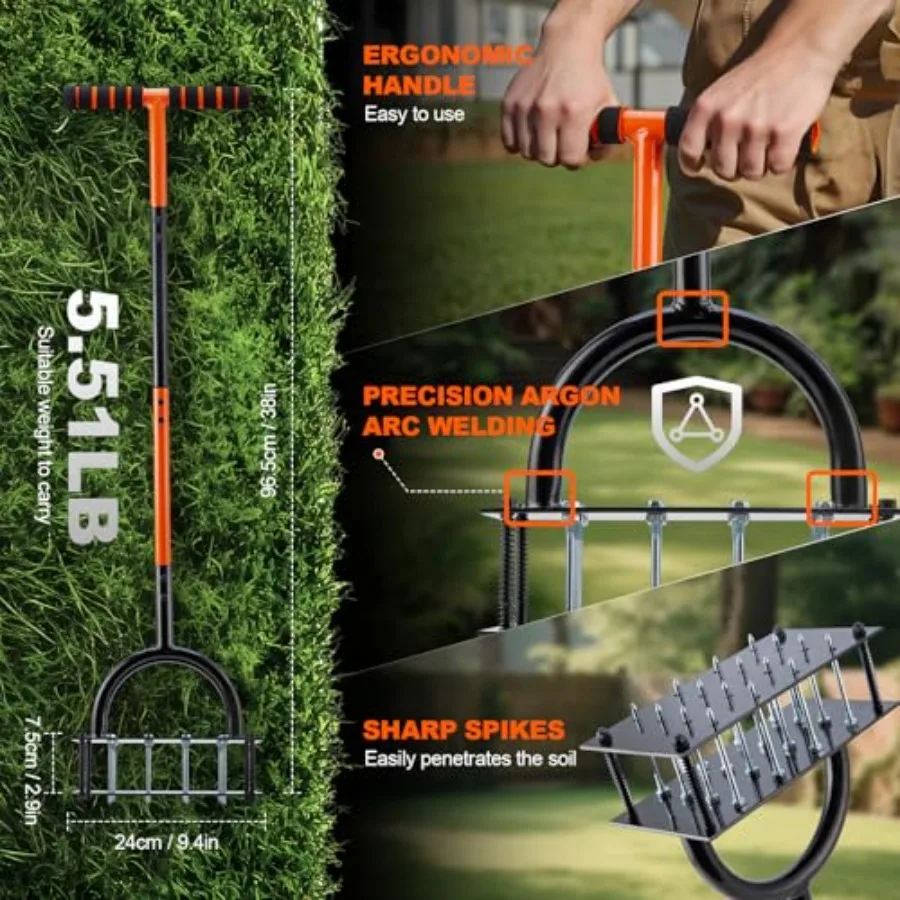 Ferramenta aerador de gramado com 16 pontas de ferro e impulso ergonômico para afrouxamento eficiente do solo e aeração de quintal, limpeza automática de sujeira