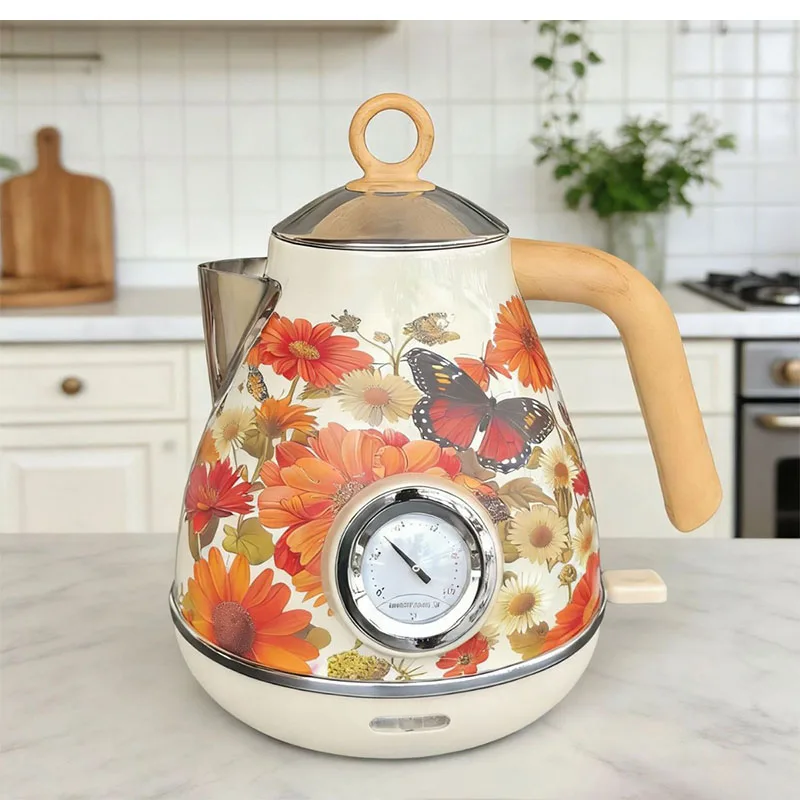 Light Luxury Cream White Floral Deca Kettle Retro Floral Butterfly Electric Kettle Temperature Display Boil Dry Protection 1.7L