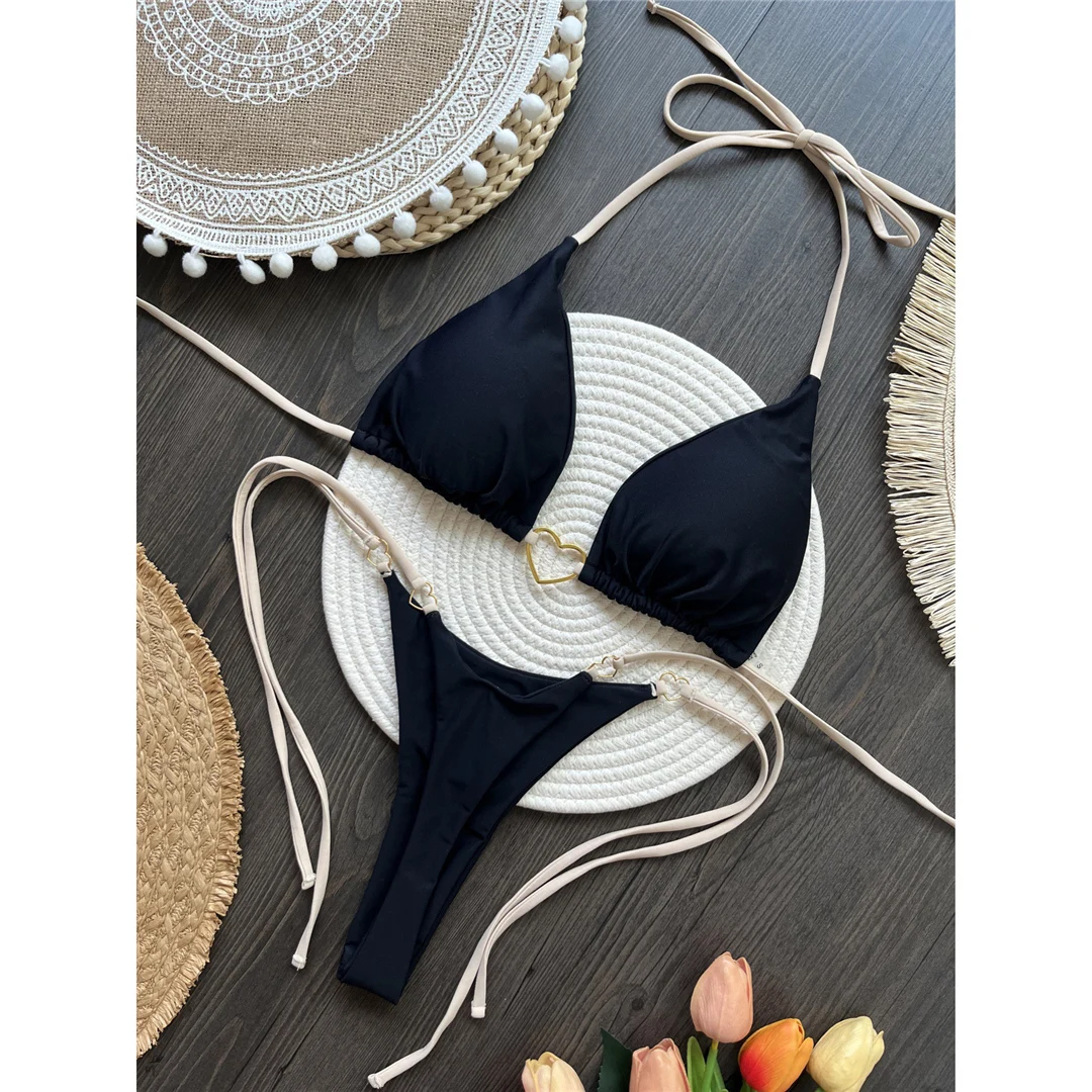 Halter Metall Herzförmiger Mini-Tanga-Bikini Damen-Badeanzug Zweiteiliger Bikini-Set Badebekleidung Badeanzug Schwimmen V6039 – Detail 25
