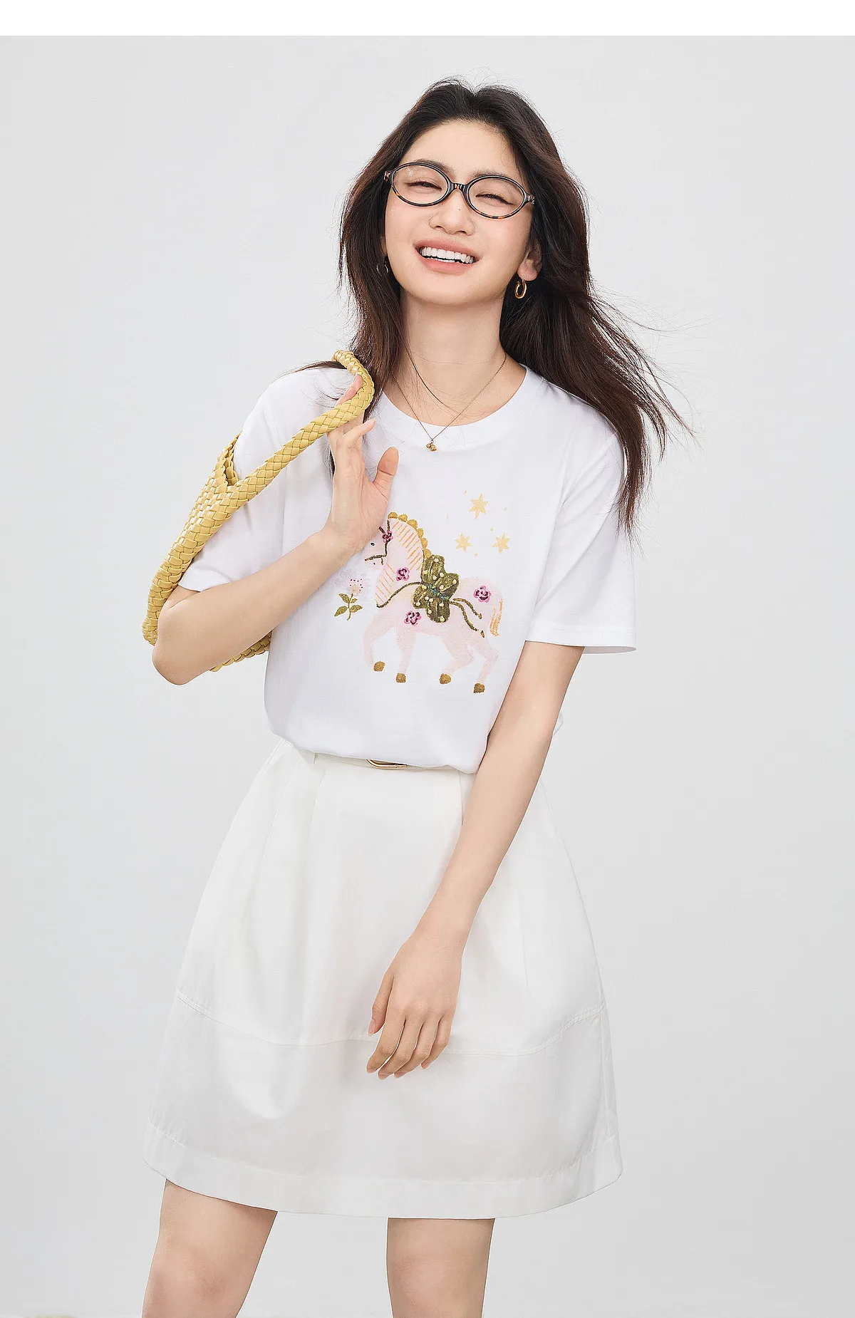 SENTUBILA Damen-T-Shirt mit Pferde-Print, 100 % Baumwolle, Sommer 2026, gerippter Rundhalsausschnitt, handbestickte Details, lässiges Alltags-Oberteil 162TG7259 – Detail 24
