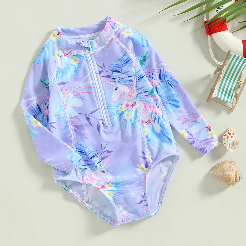 Baby Girl Swimsuit Swimwear Ruffle  Floral Swimsuits Long Sleeve  UPF 50 Swimwear Zip Rash Guard Wetsuit