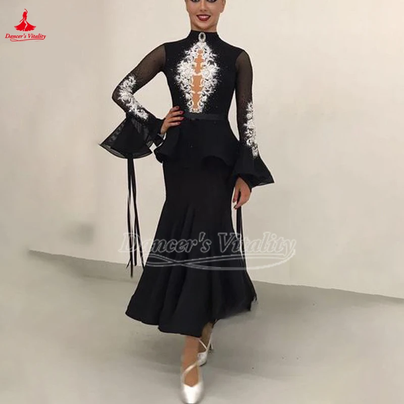 Customize Adult Women Ballroom Dance Competition Dresses European and American Hip-wrapped Flared Sleeves Waltz Foxtrot Outfit