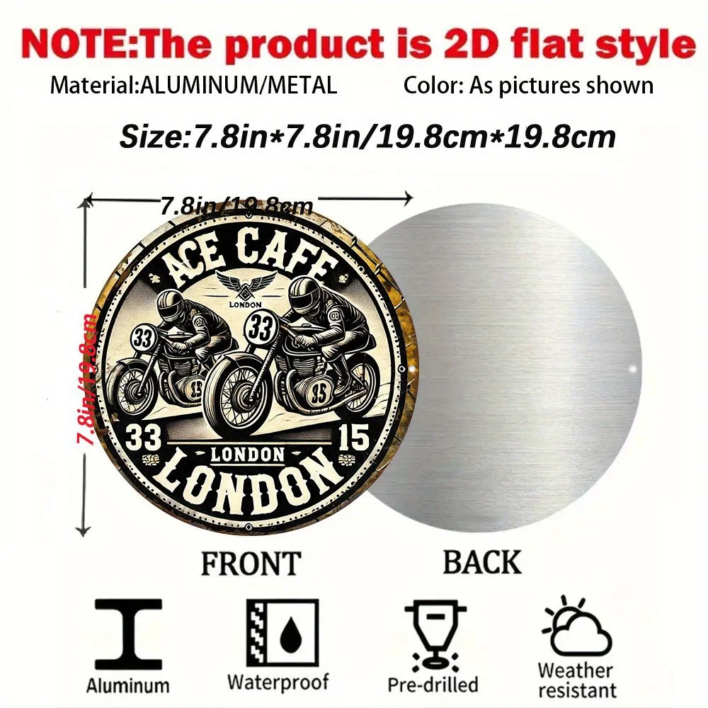 2D Flat, Vintage London Motorcycle Cafe 2D Flat Metal Sign - 19.81cm Round Aluminum Wall Art with Racing Scene, Durable Indoor/O image 5