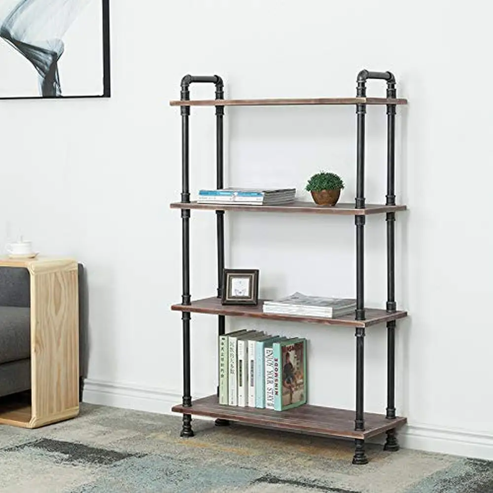 Industrial Pipe and Solid Wood 4-Layer Bookcase Rustic Modern Style Open Wood Shelves Multi-functional End Table Durable 55"H x