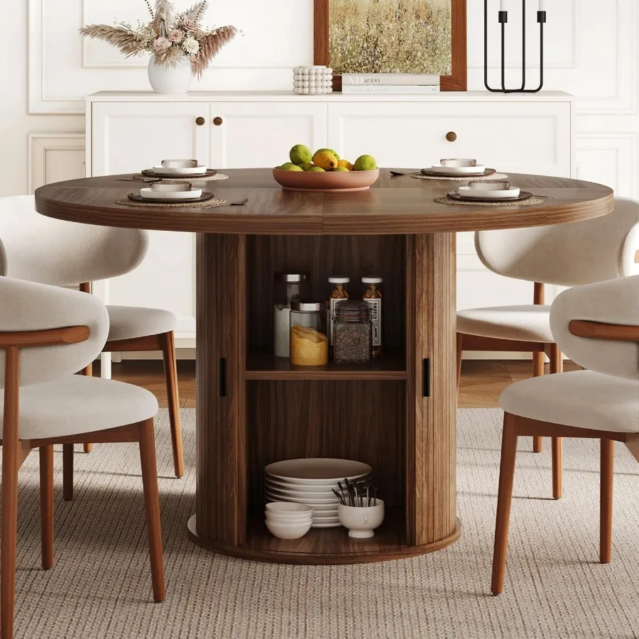 47 inch Round Dining Table for 4-6, Dinner Table with 2-Layer Storage Shelf, Morden Circle Kitchen Table with Wooden Strip Base