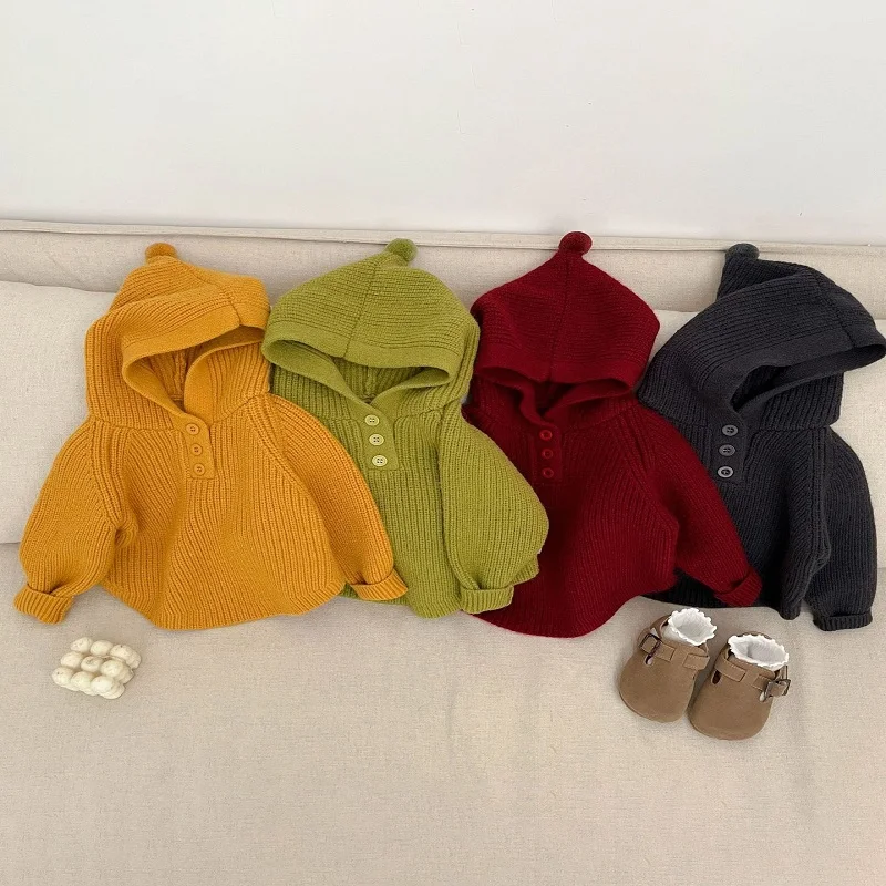 

Spring Autumn Newborn Baby Girls Boys Plain Hooded Button Knitted Sweater Coat Children Pullover Jumper Kids Outfit Top 0-4Years