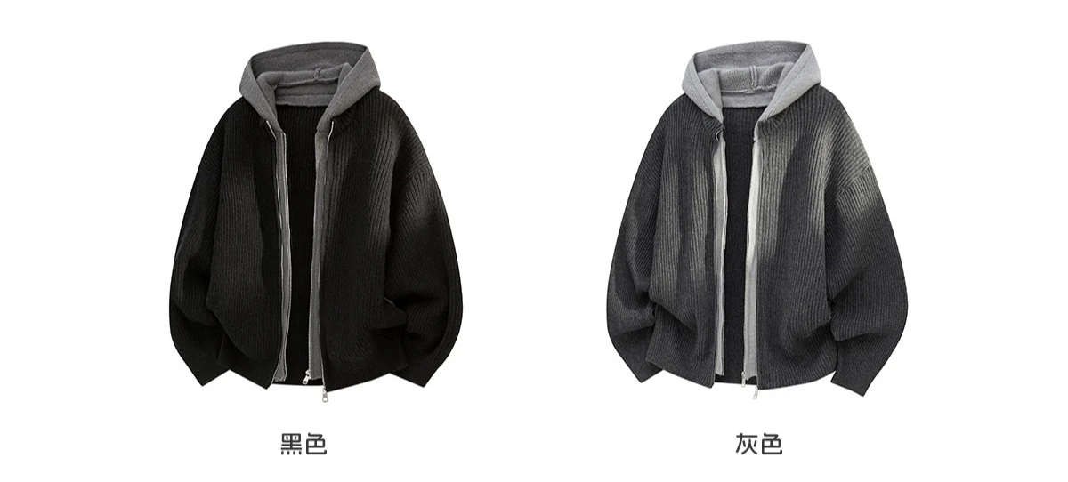 2025 Autumn Winter Japanese Retro Gray Color Block Hooded Sweater Men's Casual Fake Two-Piece Black Cardigan Knitwear