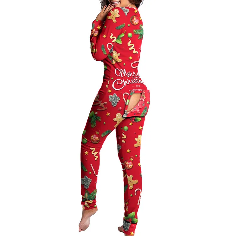 Sexy Pyjama Women\'s Jumpsuit Suit Button-down Front Back Butt Bum open Ass Flap Jumpsuit Loungewear Christmas Print Buttoned