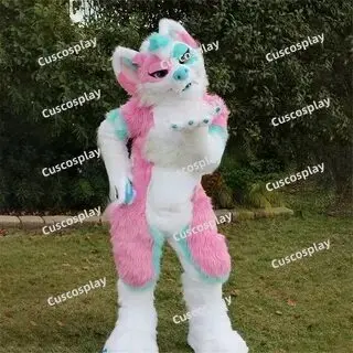 

Pink Blue White Long Fur Furry Husky Dog Wolf Fox Fursuit Mascot Costume Adult Cartoon Character Suit Real Play Trade Shows