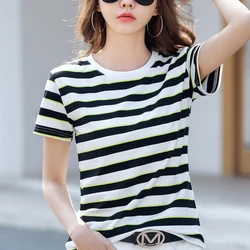 TuangBiang 2023 Summer Cotton Loose White Wide Stripes T-Shirt Women Round Neck Tshirt Female Fashion Korea Elegant Vintage Tops
