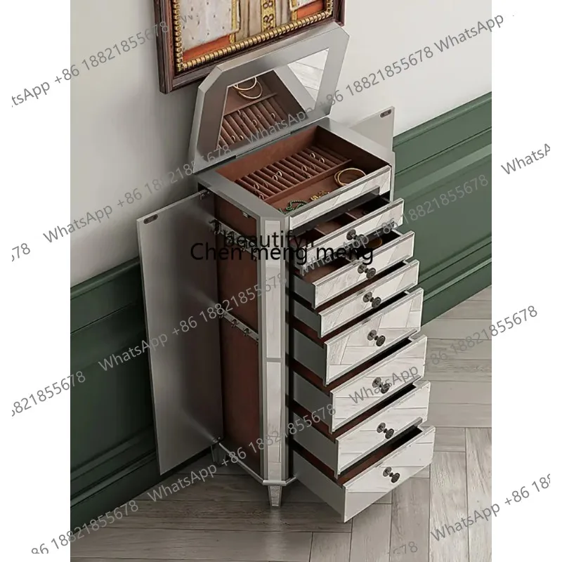 

new yj French Retro Jewelry Cabinet Multi-Functional Jewelry Mirror Storage Cabinet Light Luxury 7-Drawer Cabinet