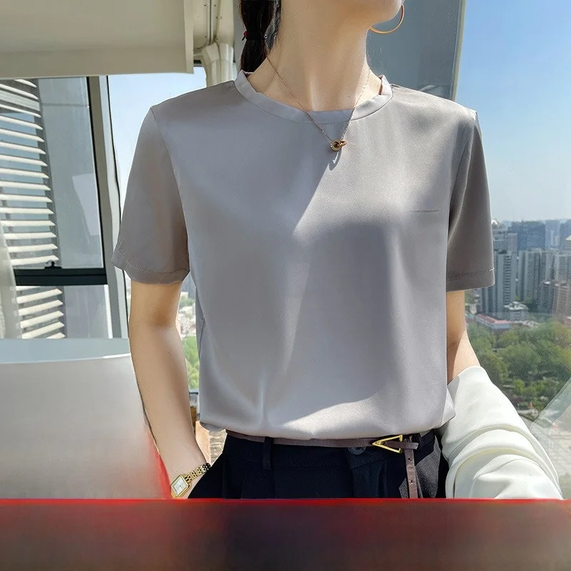 Special Offer! Heavyweight Silk Short Sleeve T-Shirt Women's  Color round Neck  Silk High-End Base Shirt Summer ...