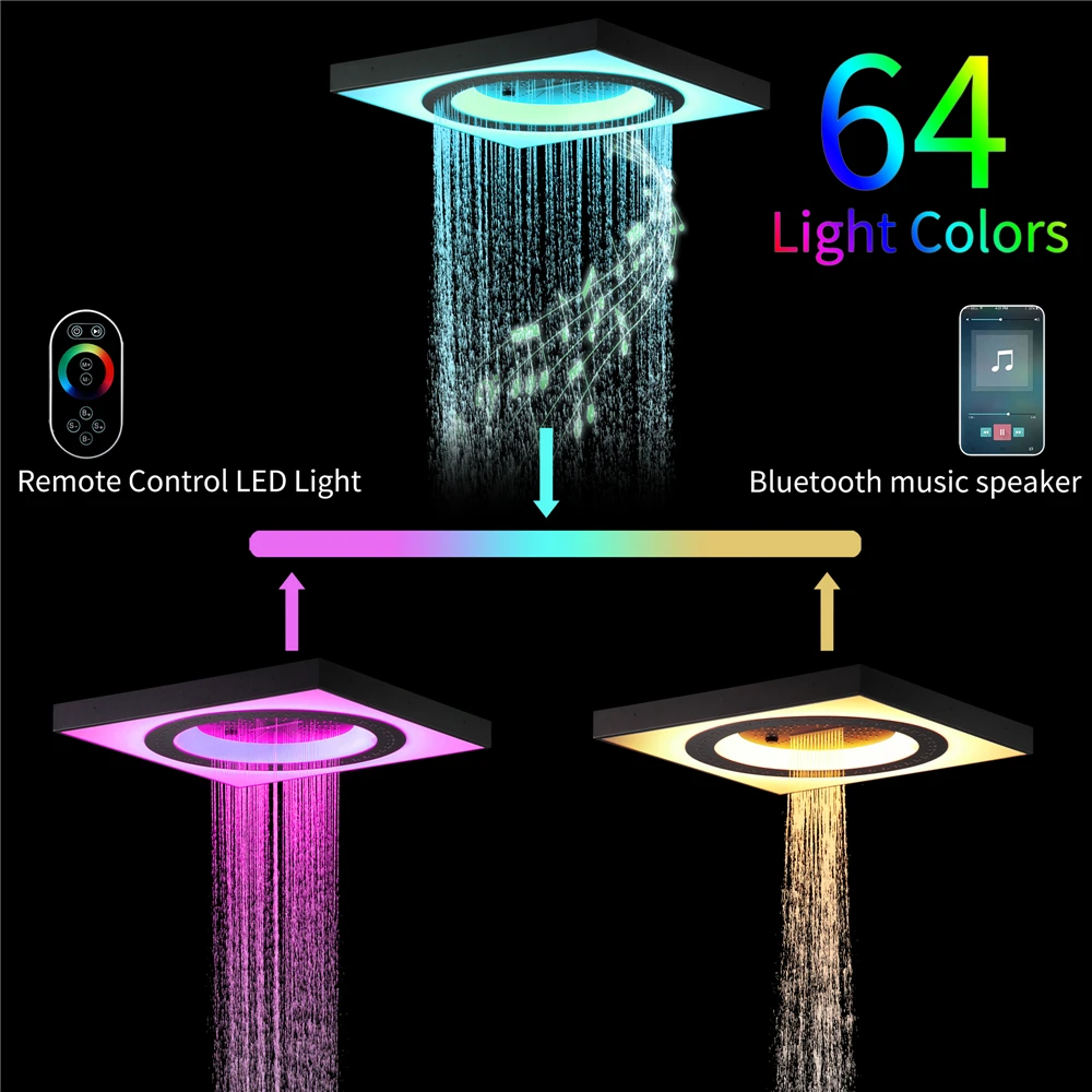 Beyoon 24 Inch Rain & Waterfall LED Shower Head with Music Speaker Bathroom Thermostatic Control Shower Faucet Set