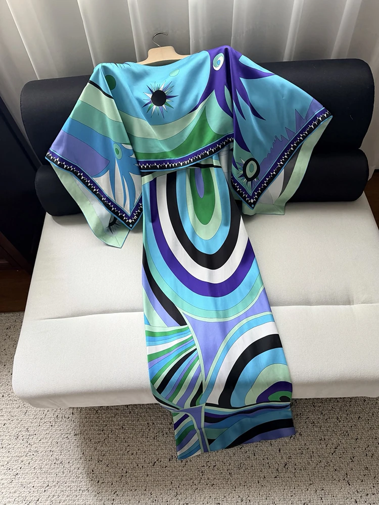 Spring Summer Fashion Elegant Vintage Print Long Dress Suit Women's O-Neck Batwing Sleeve Top+Spaghetti Strap Slim Pencil Dress