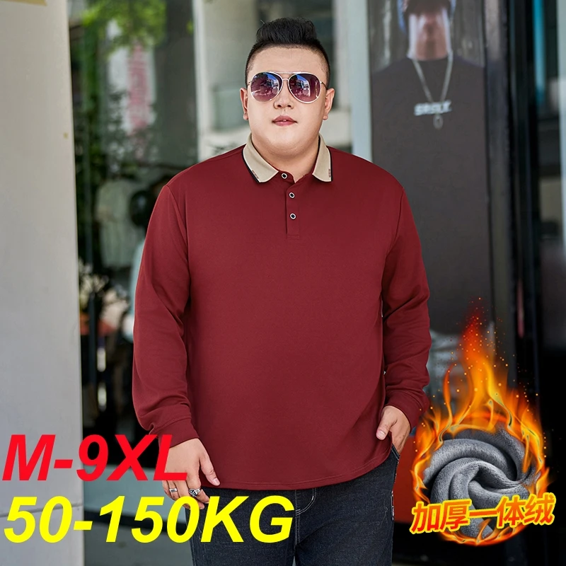 Long Sleeve Polo Shirt Men Plus Size 9xl 8xl Autumn Winter New 152cm Large Chest 7xl 6xl Fleece Liner Warm Loose Basic Tops