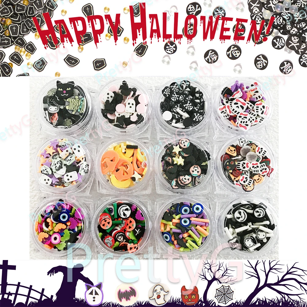 

PrettyG 1 Set 12Color Box Clay Halloween Mixes Slices Supplies Polymer Soft Clay Shape Glitter For Resin DIY Nail Art Decoration