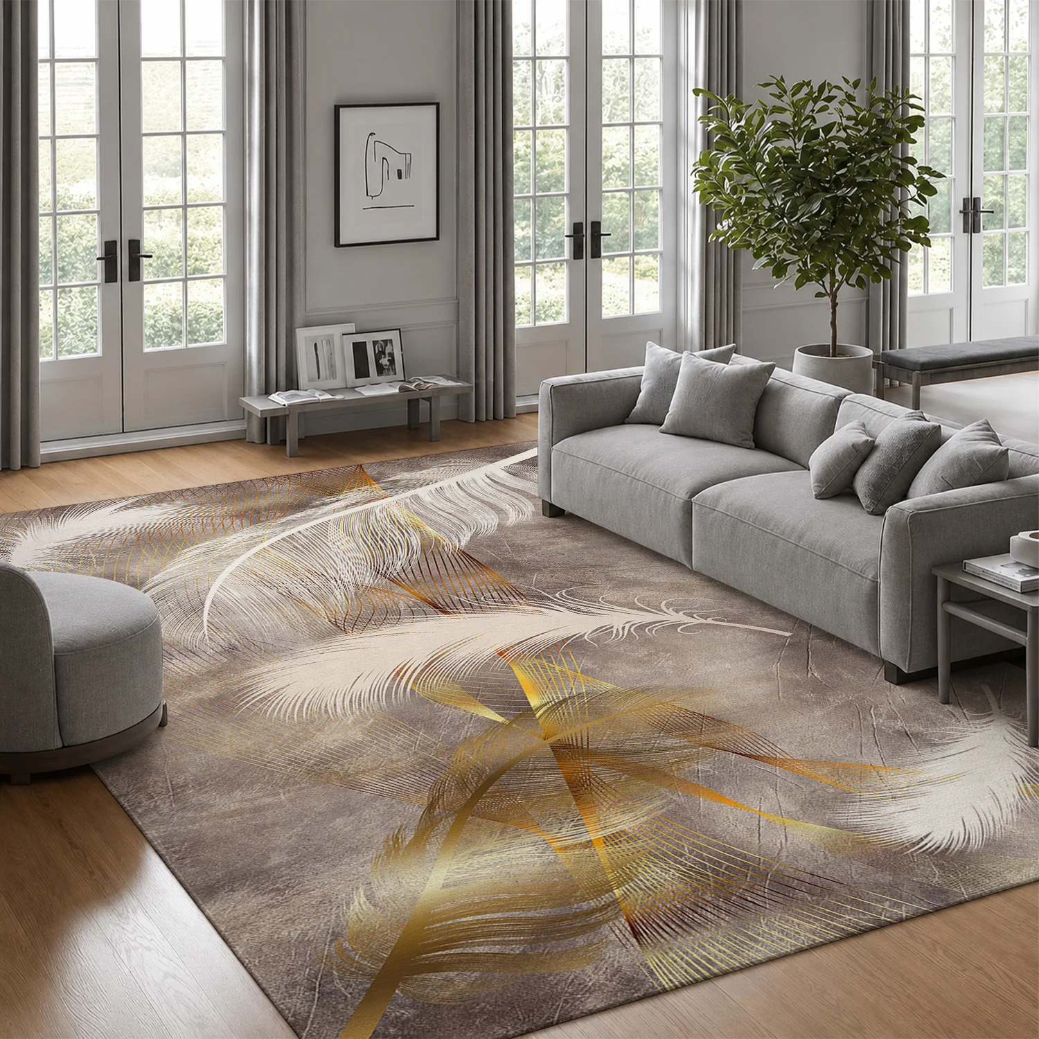 Large Indoor Area Rug, Soft Velvet Low Pile Rug with Non-Slip Dotted Backing, Machine Washable Gold White Feather Pattern, Ideal for Living Room, Bedroom Decor