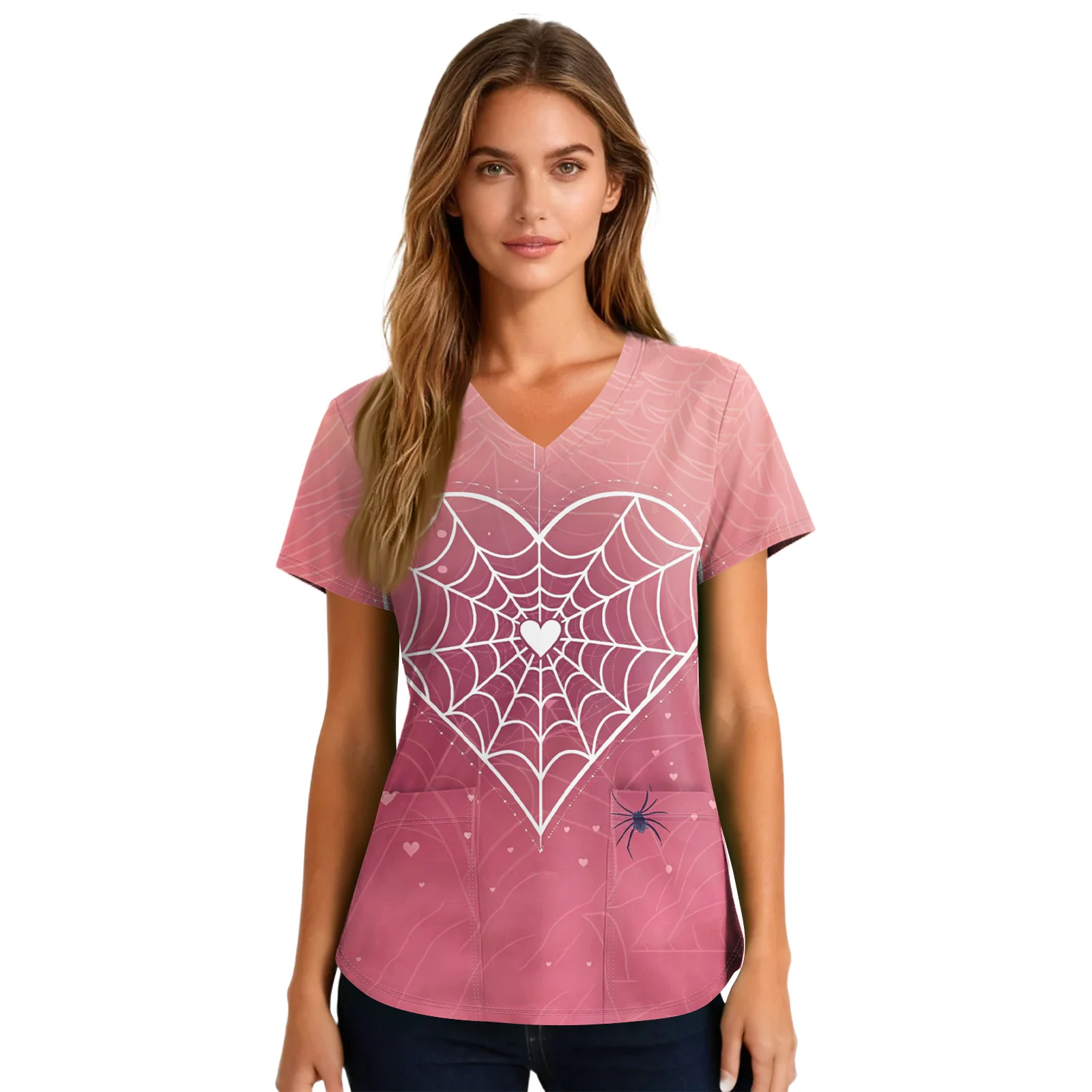 T-shirt à col en v imprimé pour infirmière, T-shirts pour femmes, uniforme d'infirmière à manches courtes, tenues pour la saint-valentin