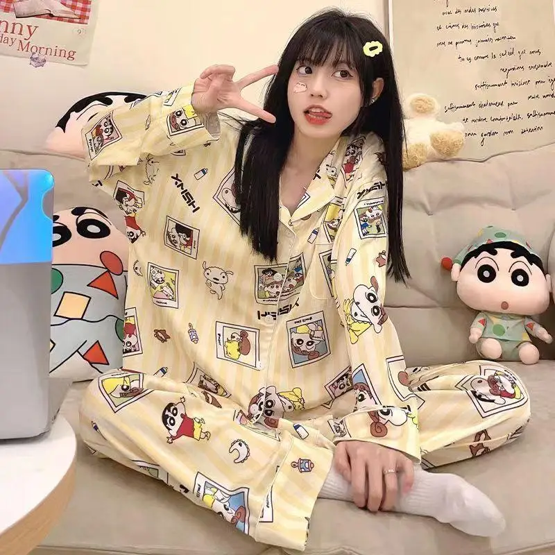 New Cute Anime Crayon Shin Chans Loose Sleepwear Women's Spring and Autumn New Style Long Sleeved Pants Bandai Cartoon Pajamas