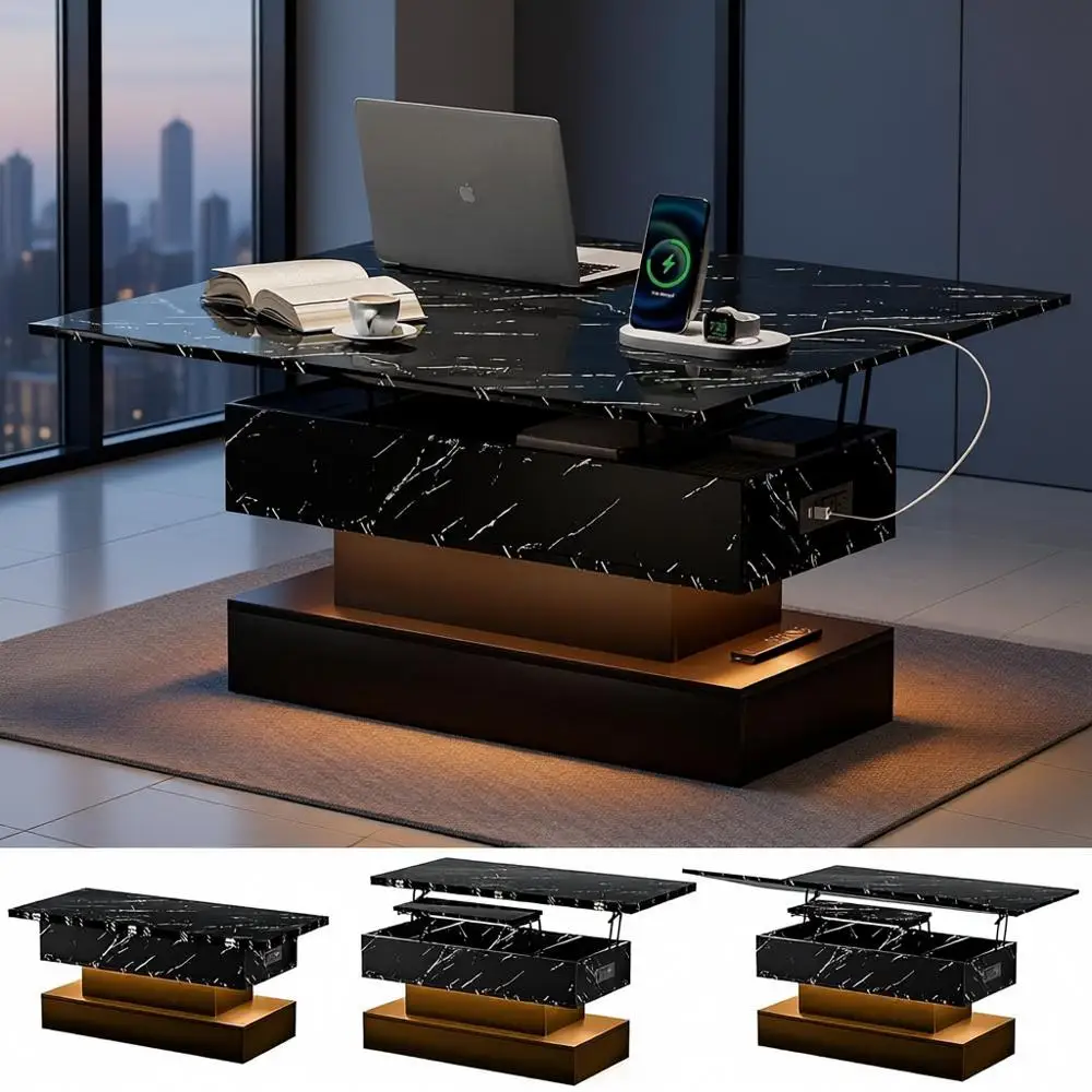 

Многофункциональный журнальный столик с подъемным верхом 39,4 с зарядной станцией, хранилищем и светодиодной подсветкой, глянцевый черный для гостиной