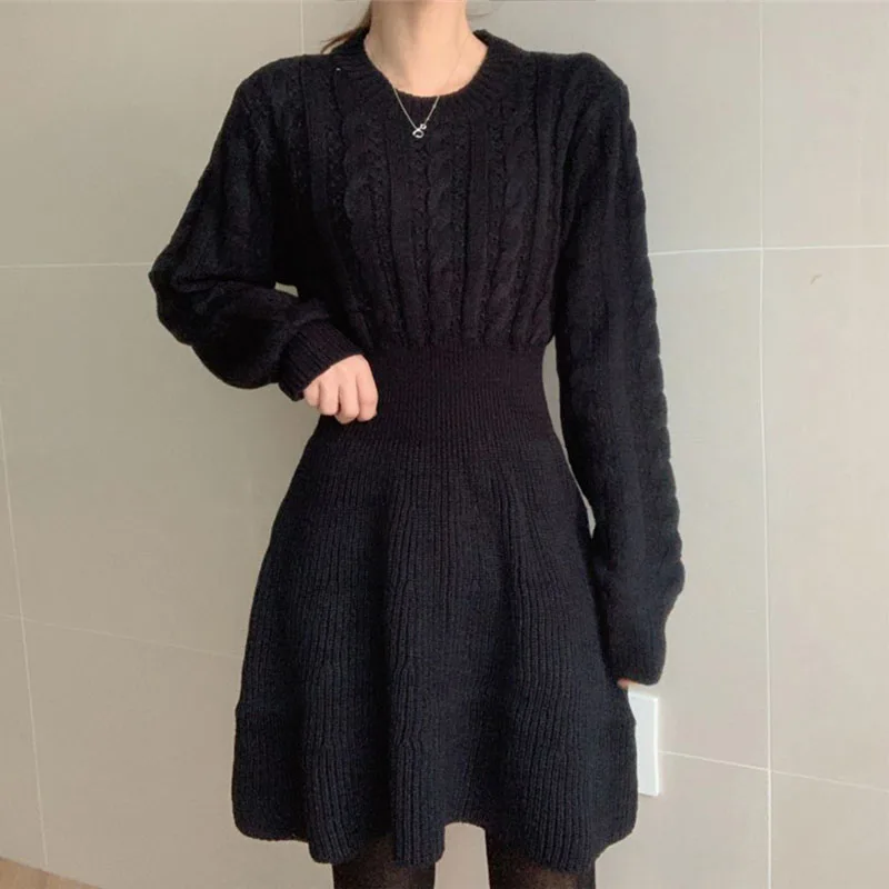 Autumn Winter Twist Knitted Dress Korean Solid O Neck Loose Long Sleeves A Line Dress Vintage Casual Warm Pullover Sweater Dress