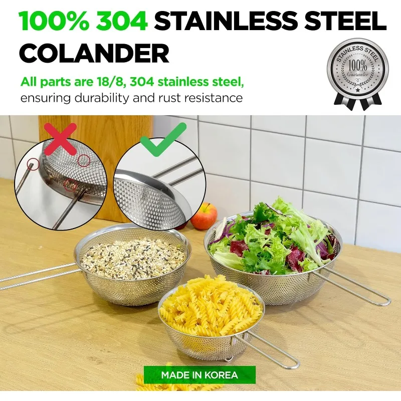 

Premium 18/8 304 Stainless Steel Strainer Set of 3 with Long Handle, Micro-Perforated Colanders 1.5-2.5-4 Quart Set, Self