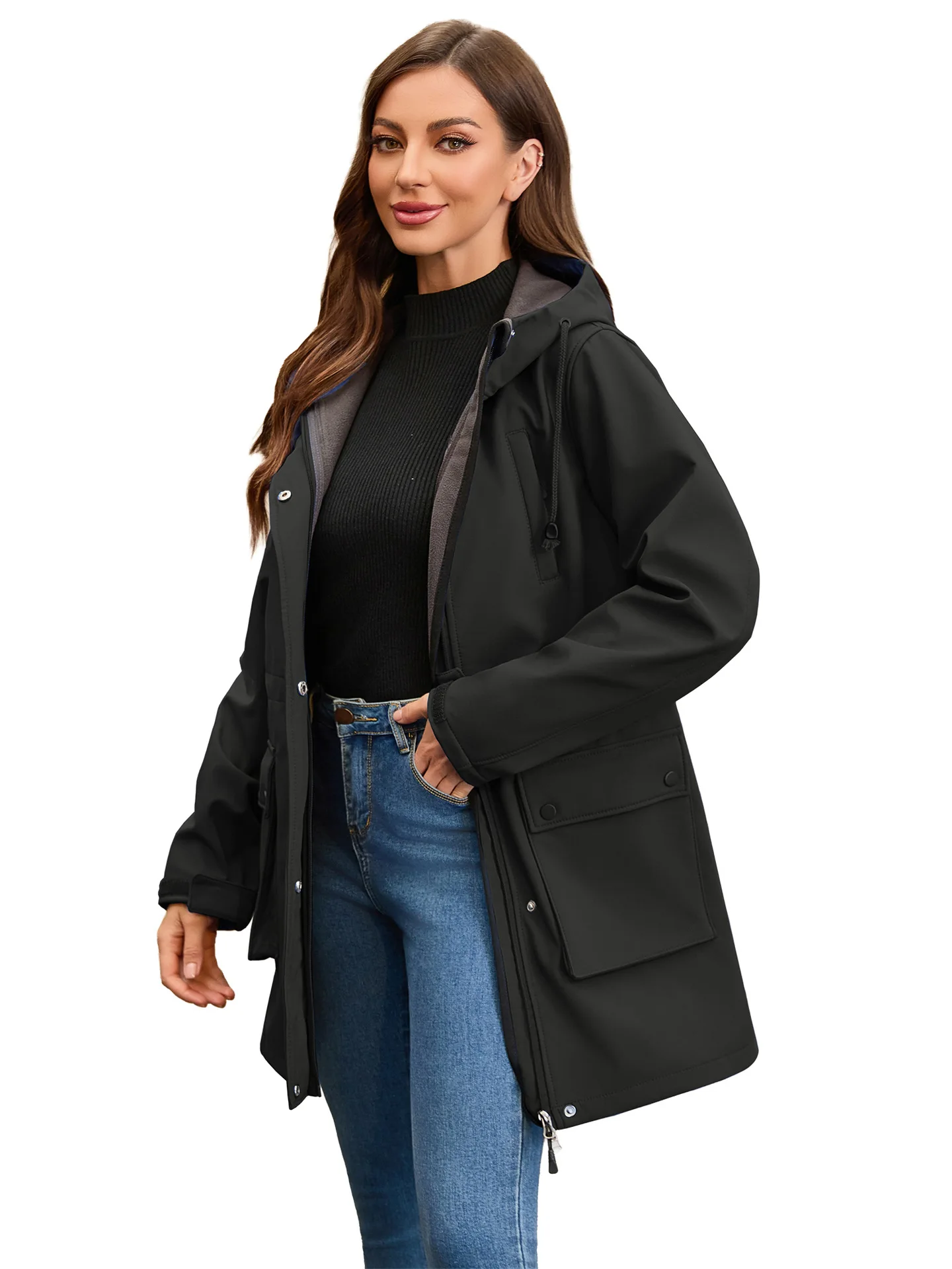 Women's Hooded Multi-Pocket Windbreaker Fleece Lined Raincoat Autumn Winter European Size Women's Wear