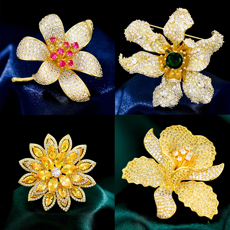 2022 Korean Luxury Sparkling Zircon Lotus Broochpin Temperament Orchid Brooches for Women Coat Suit Corsage Jewelry Accessories