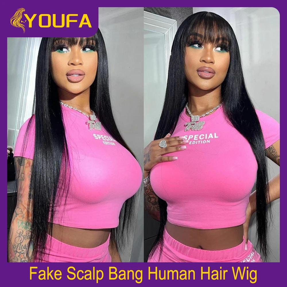 Fake Scalp Bang Wig 100% Human Hair Wig 3 Inch Realistic Scalp Fringe Wig 16-32 Brazilian Straight Human Hair Wigs With Bangs - Image 6