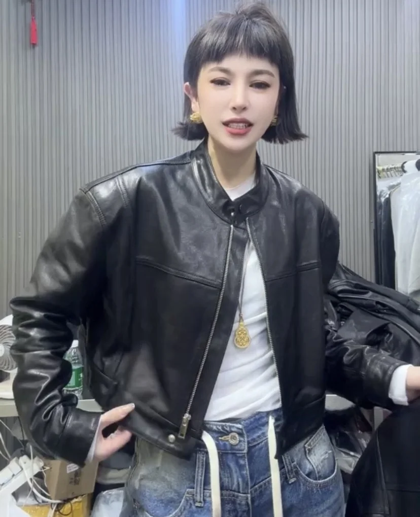 Nowa damska kurtka ze skóry naturalnej, skóra bydlęca garbowana, modny płaszcz w małym rozmiarze, odzież wierzchnia na wiosnę i jesień, moda 2025.