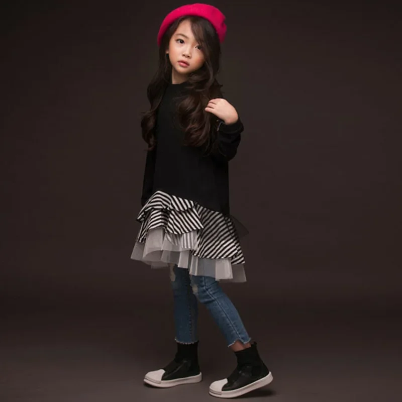 Spring Autumn Fashion Big Girls Dress Children's Mesh Stitching Striped Shirt Long Sleeve Dresses Kids Cute Tutu Dress CL088