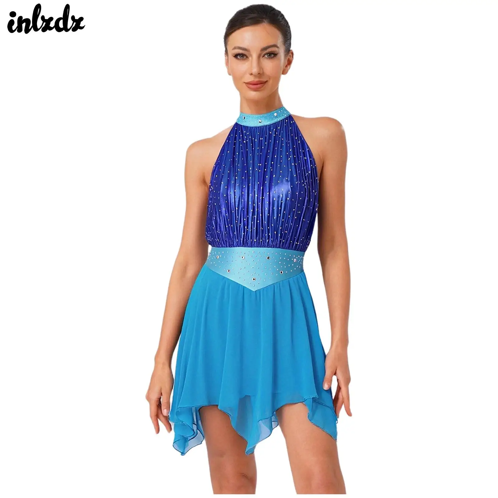 

Womens Metallic Rhinestone Ruched Figure Skating Dress Gymnastics Ballet Leotard Modern Contemporary Lyrical Dance Costume