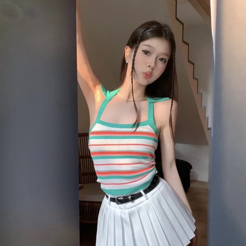 

Halterneck Striped Knitted Camisole Summer Sweet and Spicy Vintage Cropped Top Tank Top Women