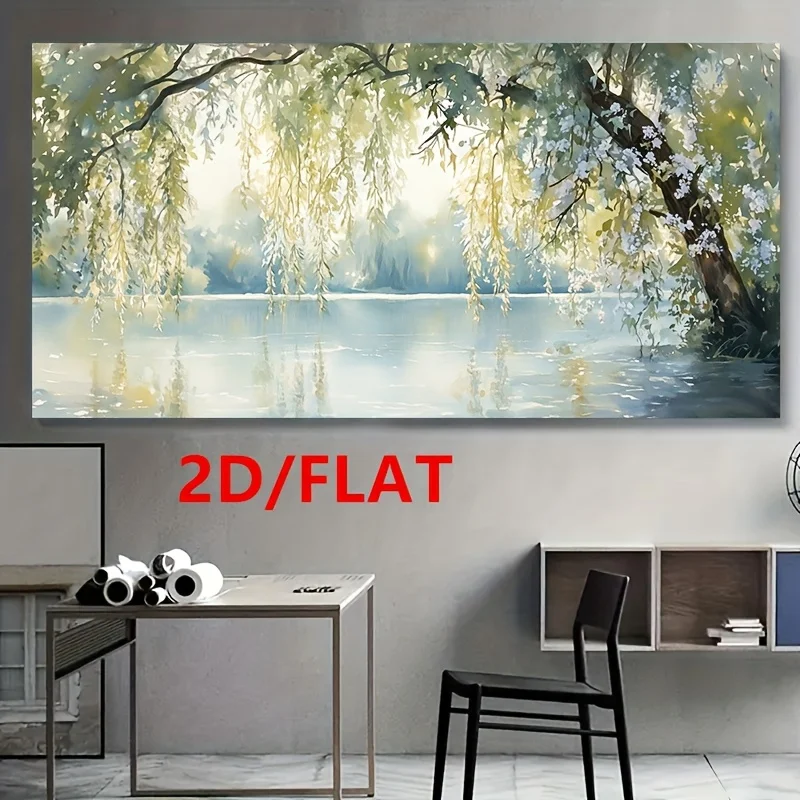 Plano 2D, con árboles de sauce abstractos, agua reflectante, hojas verdes preciosas y pinceladas meticulosas, decoración moderna para sala de estar
